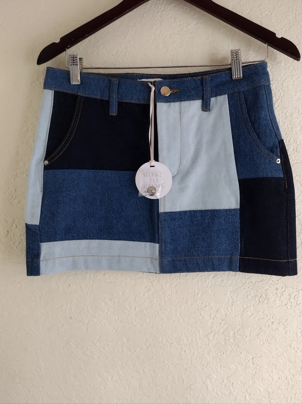 More To Come Korie Patch Mini Skirt in Blue Multi